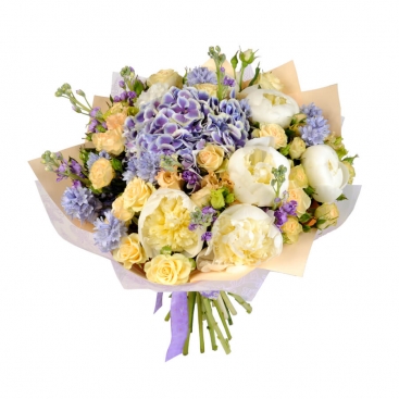 Bouquet with peonies and exotic flowers